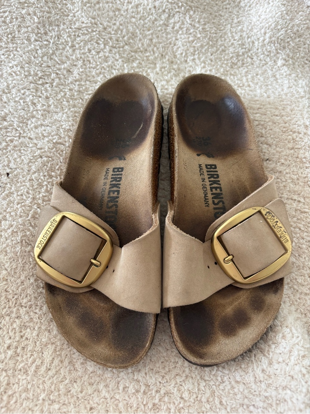 Birkenstock Madrid Single Strap Slide in Taupe with Gold Buckle